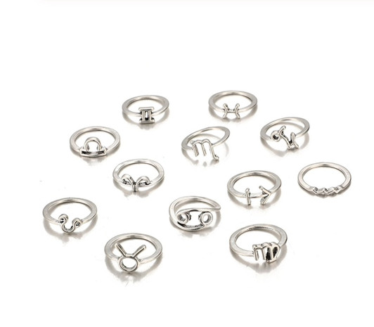Vintage Constellation Rings Set,Alloy Metal Zodiac Signs,Color Silver Boho Style