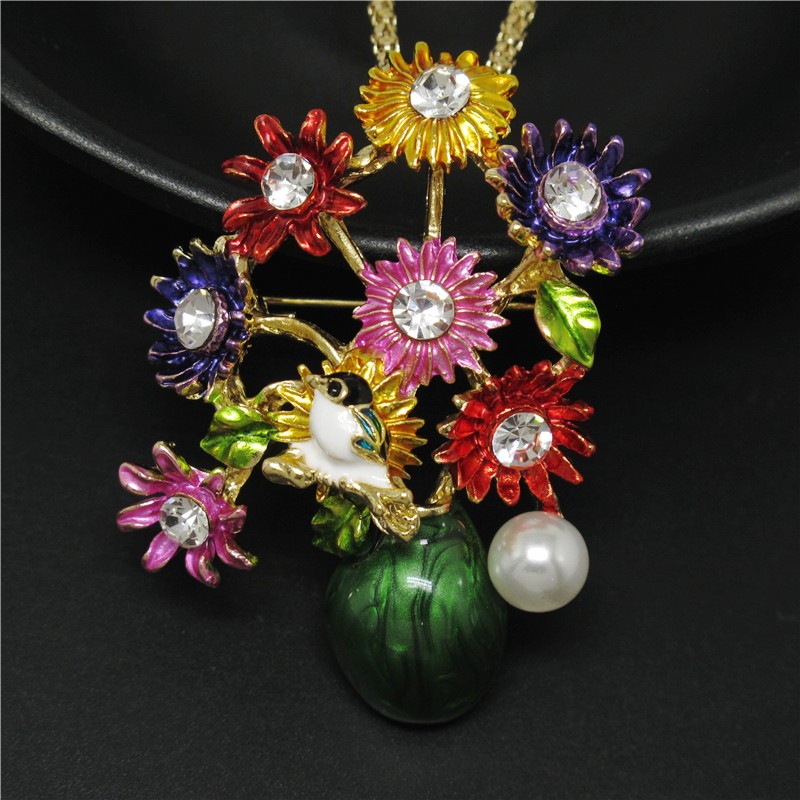 Fashion Women Colorful Enamel Cute Flower Vase Crystal Pendant Necklace