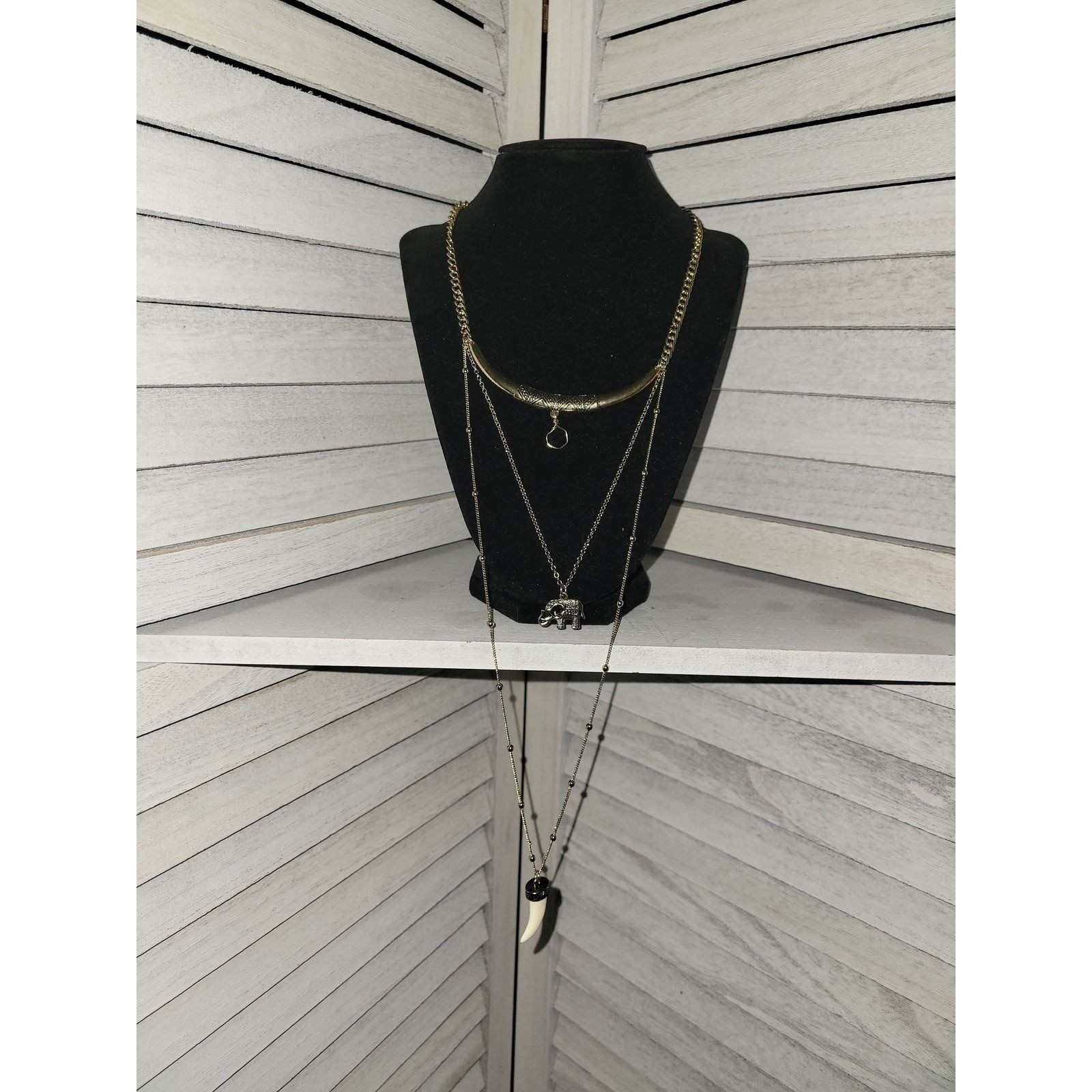 Bansri Boho Gold Tone Layered Elephant and Horn Pendant Necklace Etched Detail