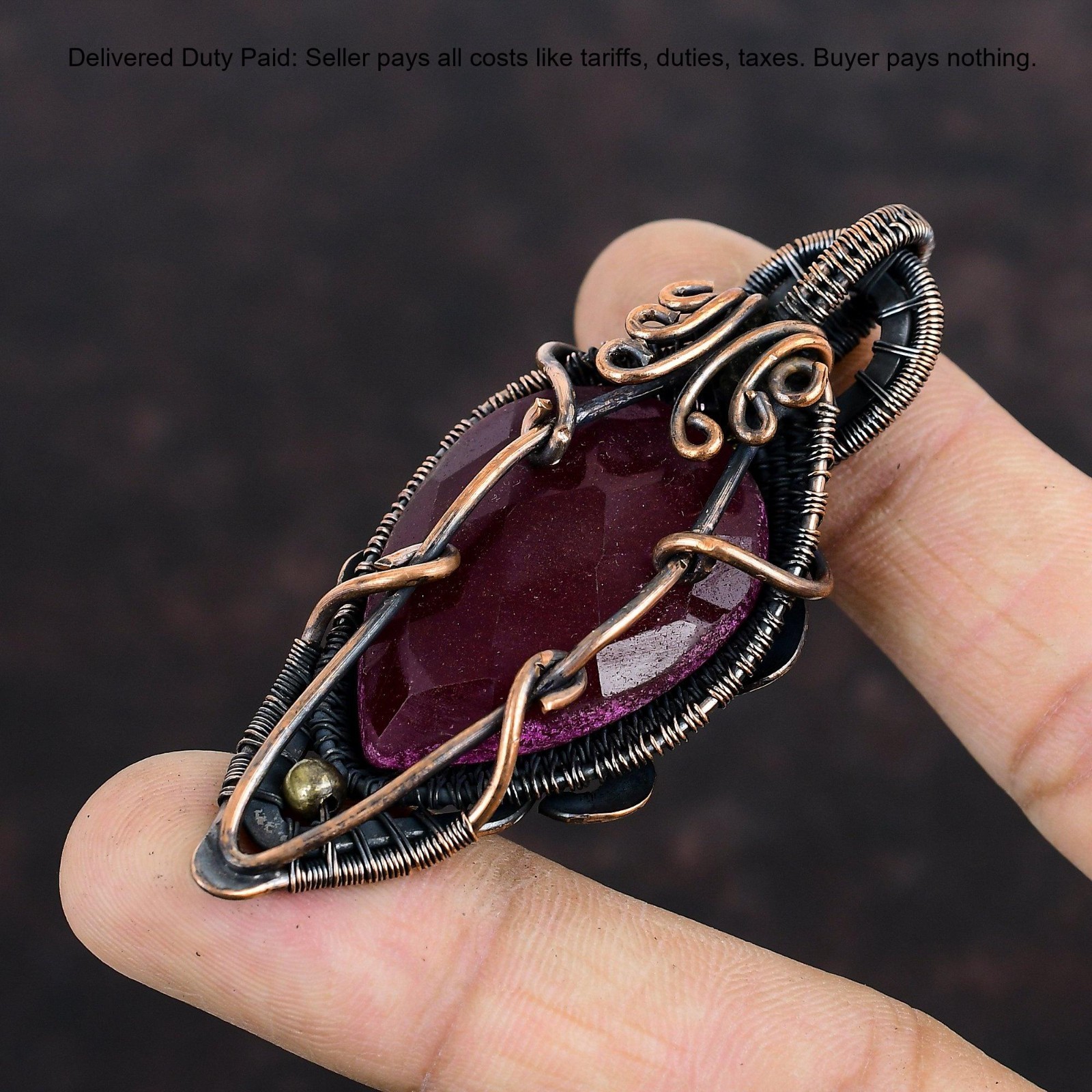 Copper Pear Kashmir Rubi Gemstone Wife Wire Wrapped Anniversary Birthday Pendant