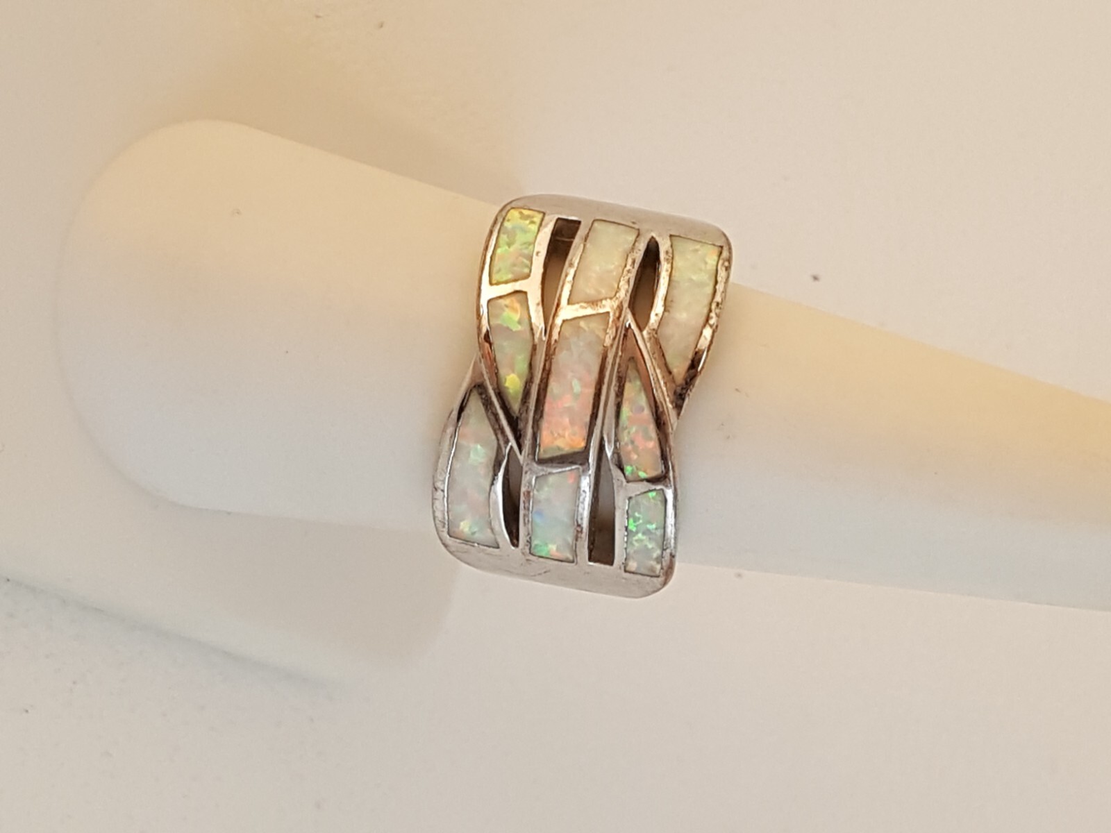 Lab created synthetic opal sterling silver ring sz 8 weave woven