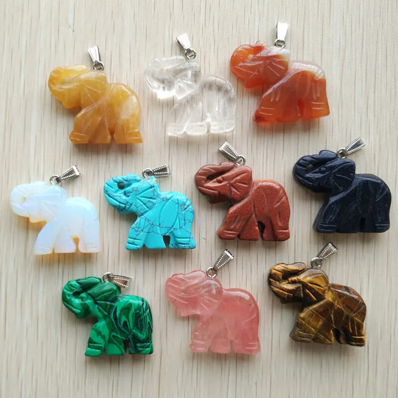 Mixed Natural Stone Carved Elephant Charms Jewelry Making Pendants 10pcs/lot