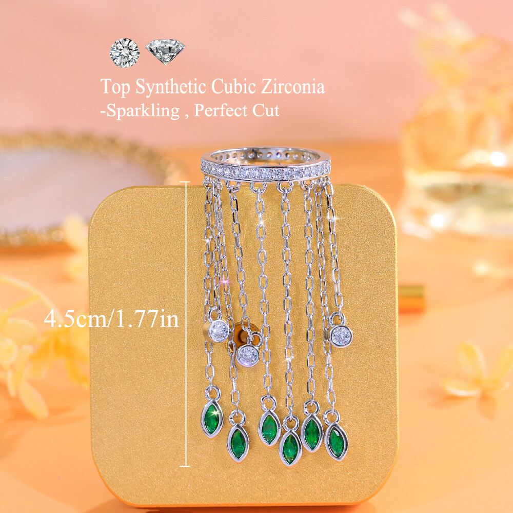 Top Silver Plated CZ Chain Link Tassel Marquise Leaf Charm Engagement Band Ring