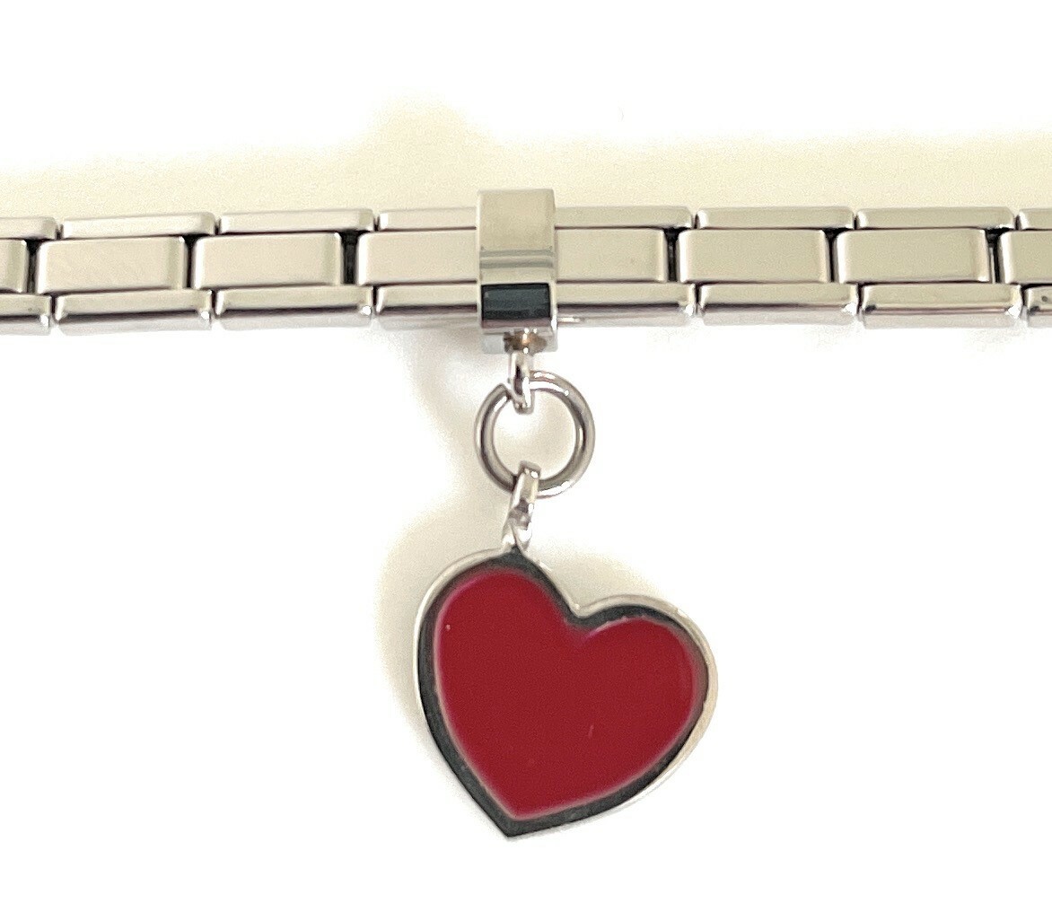 Italian Modular Charm Bracelet Stainless Steel Silver 4 mm Dangle Red Heart