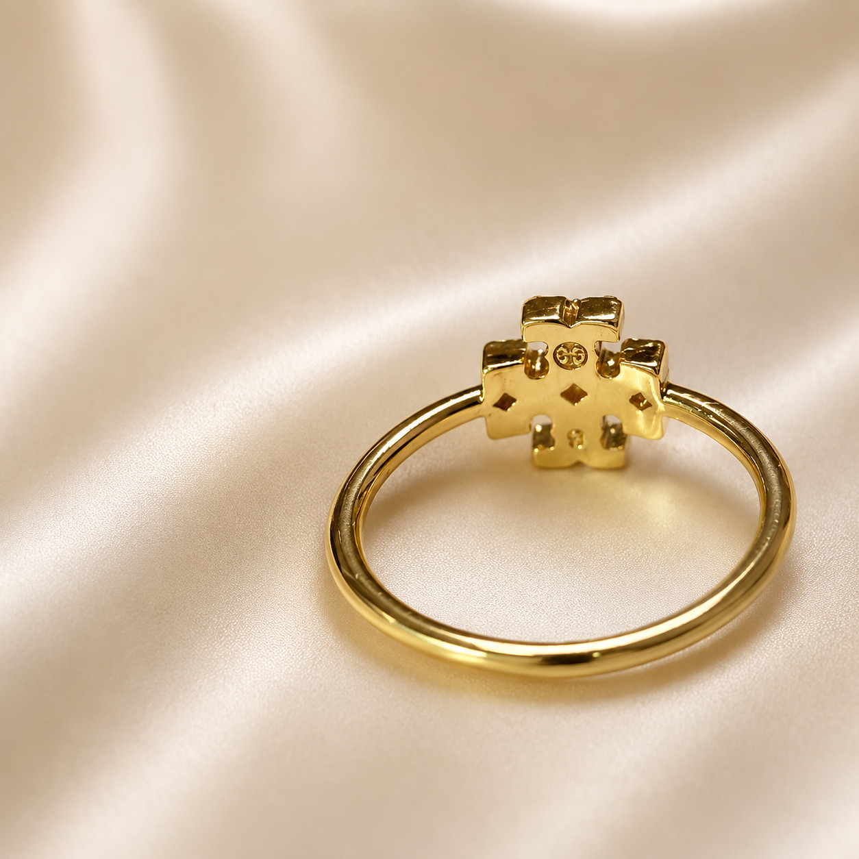 Tory Burch 18k Gold Crystal Double T Logo Icon Ring Dainty Logo Band NEW 7