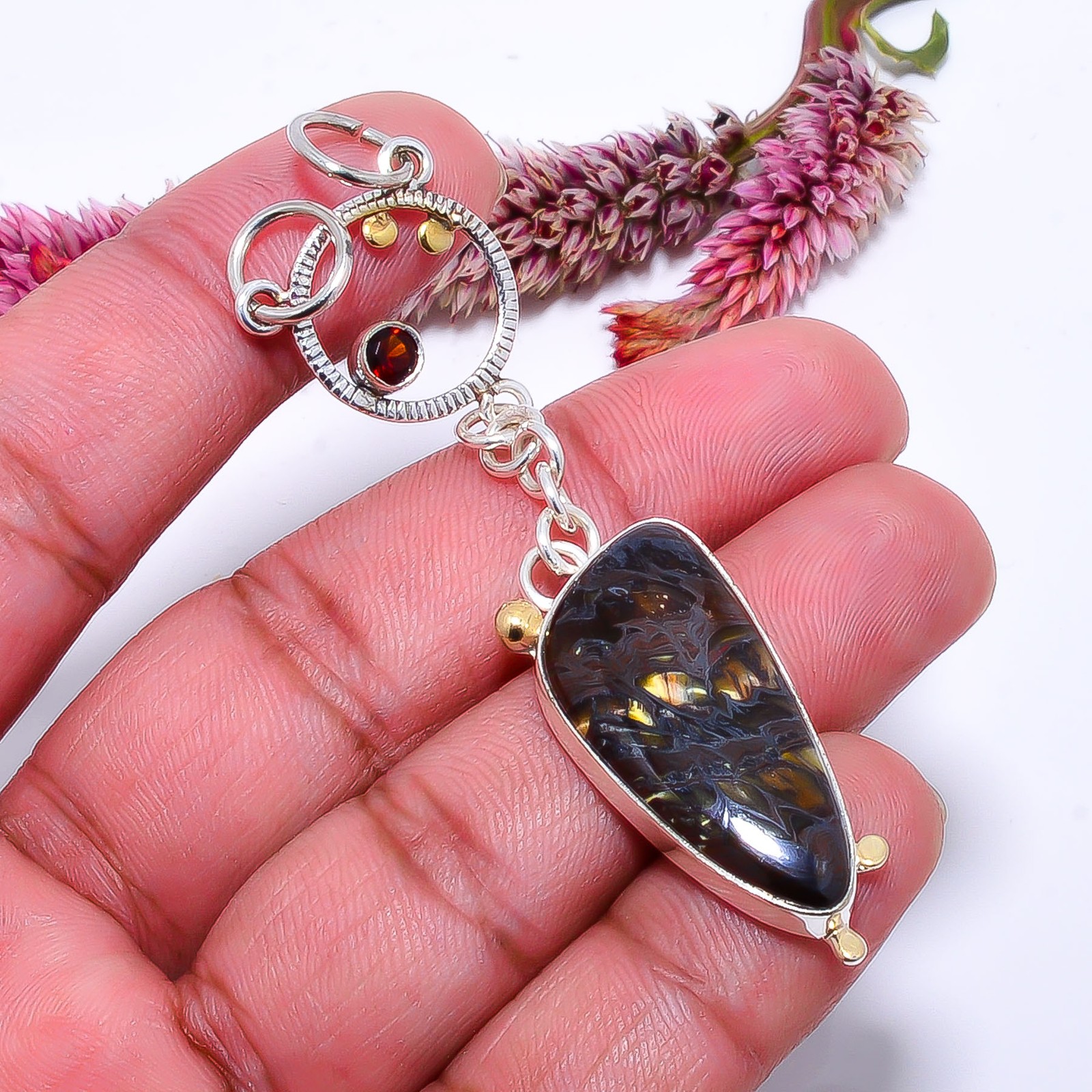 Iron Tiger Eye & Red Garnet 925 Solid Silver Two Tone Pendant 2.73″ P1037111461