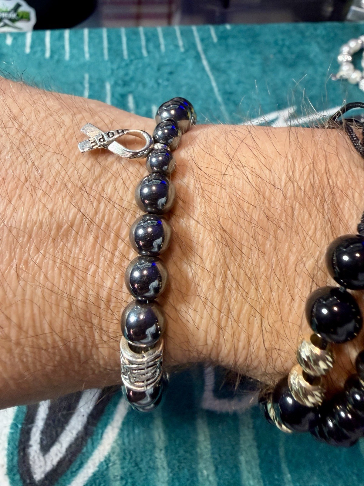 🔥Help! Black Beaded Stretch Slip-On Bracelet, Silver Cancer Awareness Ribbon🔥