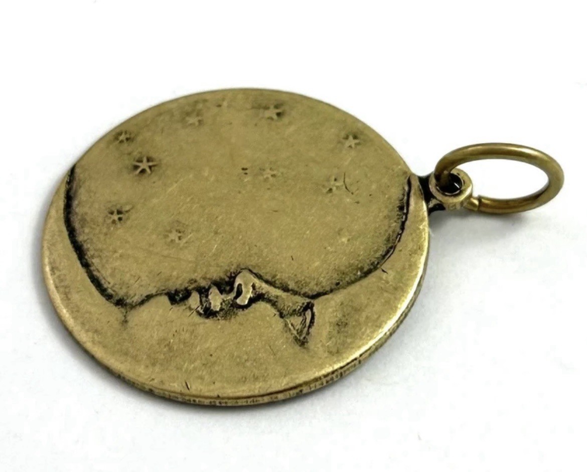 Moon Charm Pendant Antiqued Brass Metal Crescent Moon Face Stars Celestial