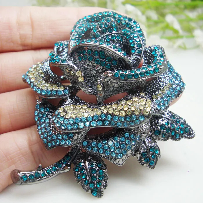 Zircon Crystal Vintage Blue Rose Flower Brooch Pin Rhinestone Party Jewelry