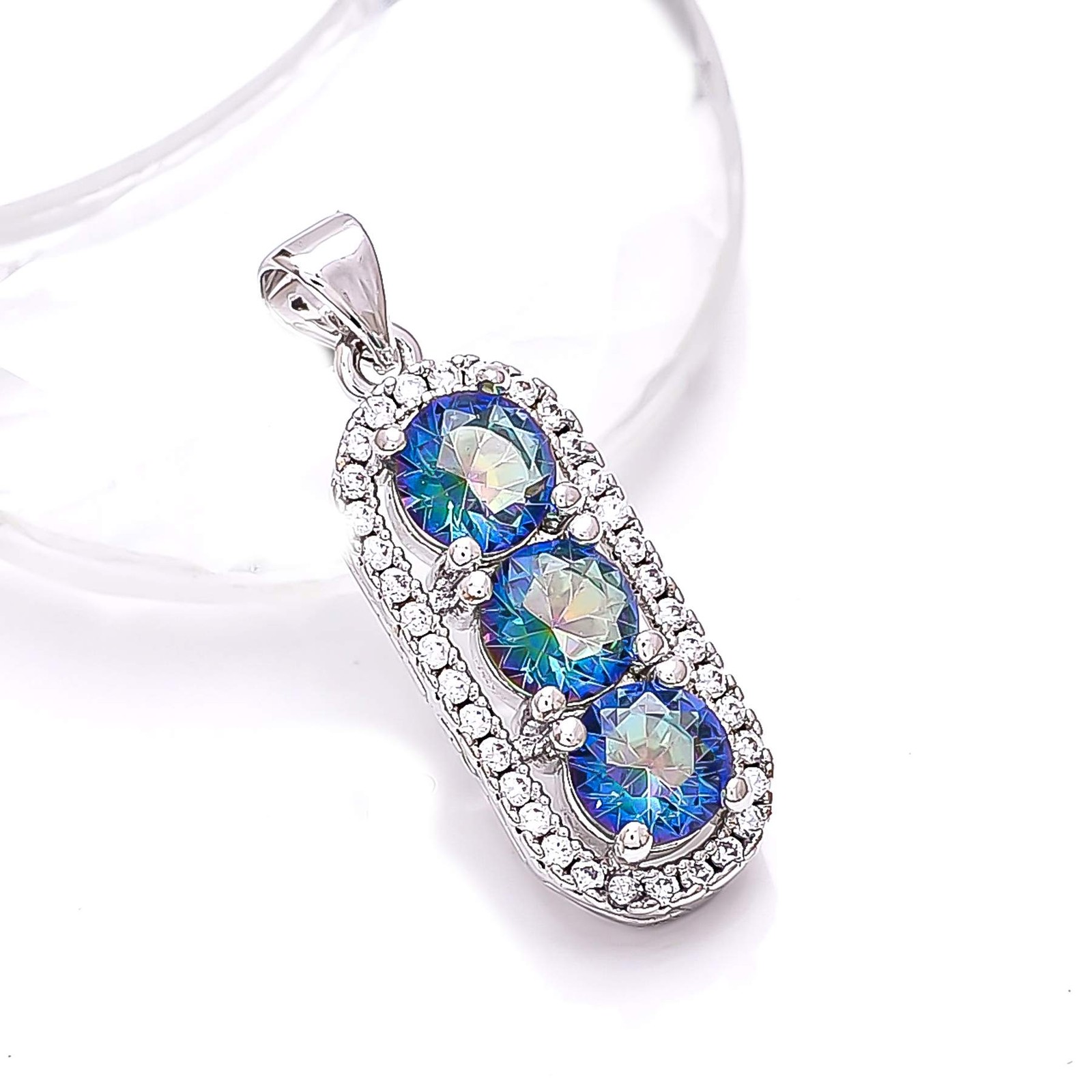 Blue Rainbow Mystic Fire Topaz & CZ Gemstone 925 Silver Pendant 1.10″ P931