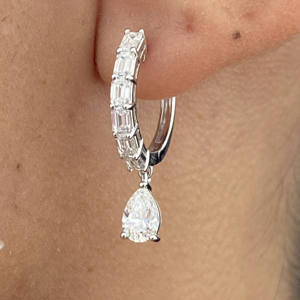 14K White Gold Plated In 2.60Ct Pear Cut Simulated Diamond Drop Clip On Earring