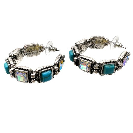 Silver Tone Turquoise Square Stone Hoop Earrings Crystal Accents Post Back