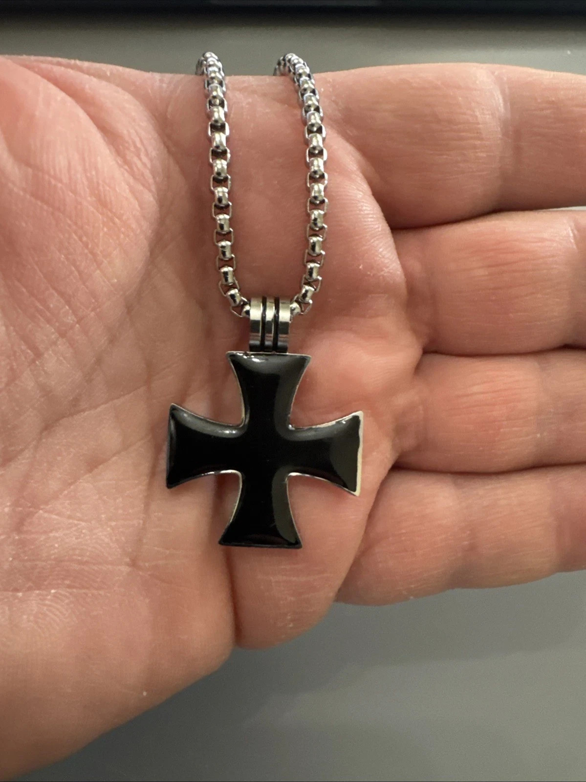 Stainless Steel Iron Cross Pendant W/ Black Enamel finish 24” Chain Gothic Gift