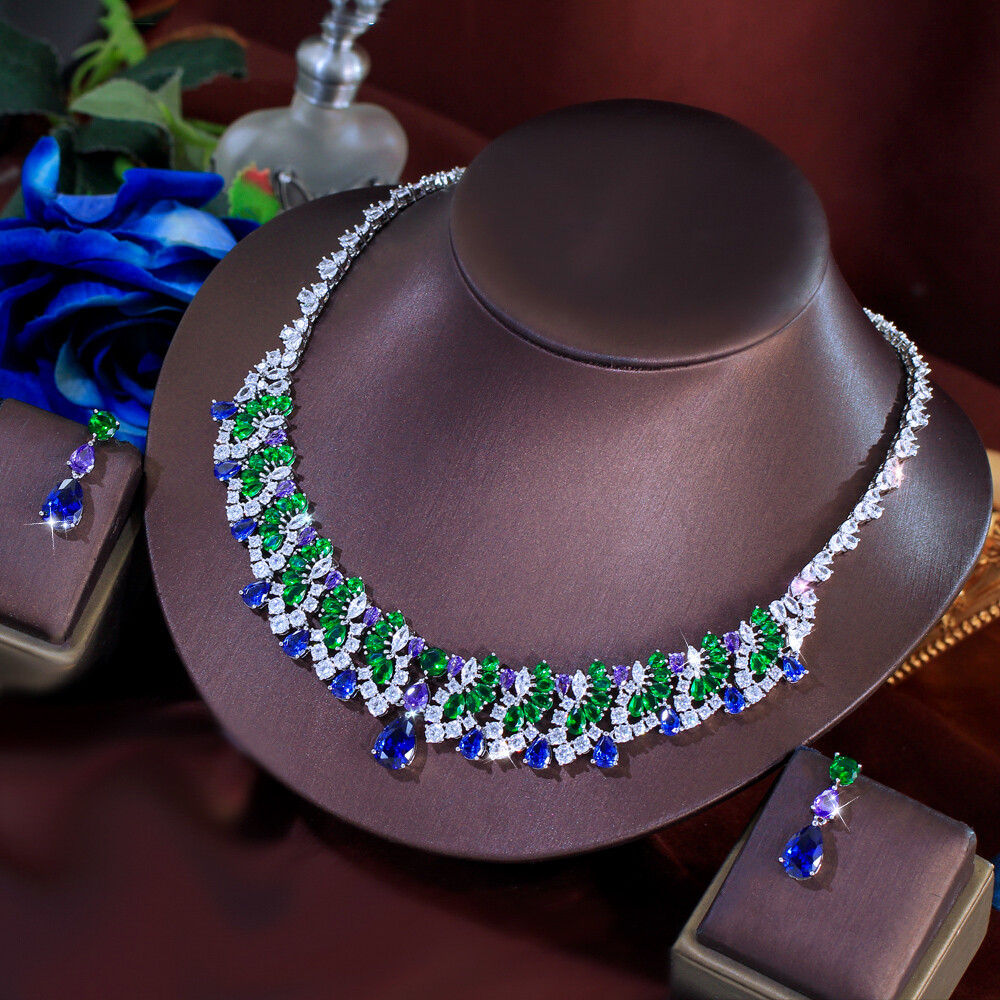 Women Blue Drop Multicolor Necklace Earrings Silver Plated CZ Bridal Jewelry Set