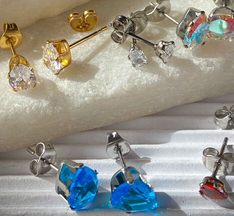PAIR Tear drop CZ Gem Stud Earrings Teardrop Pear Steel, choose color & gem size