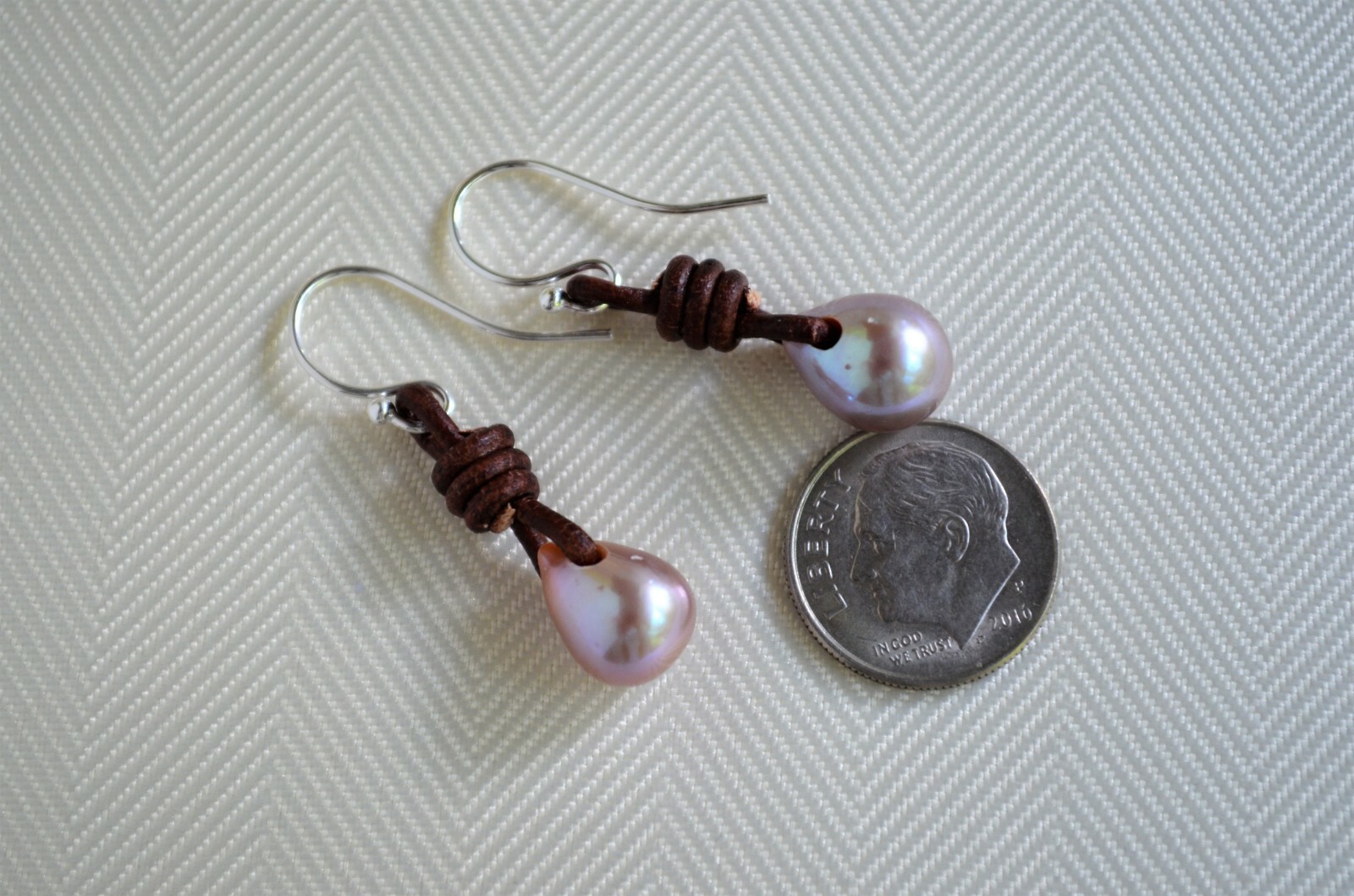 Tea Drop Pearl Earrings Lavender Pearls on Leather Earrings Boho Earrings Yevga
