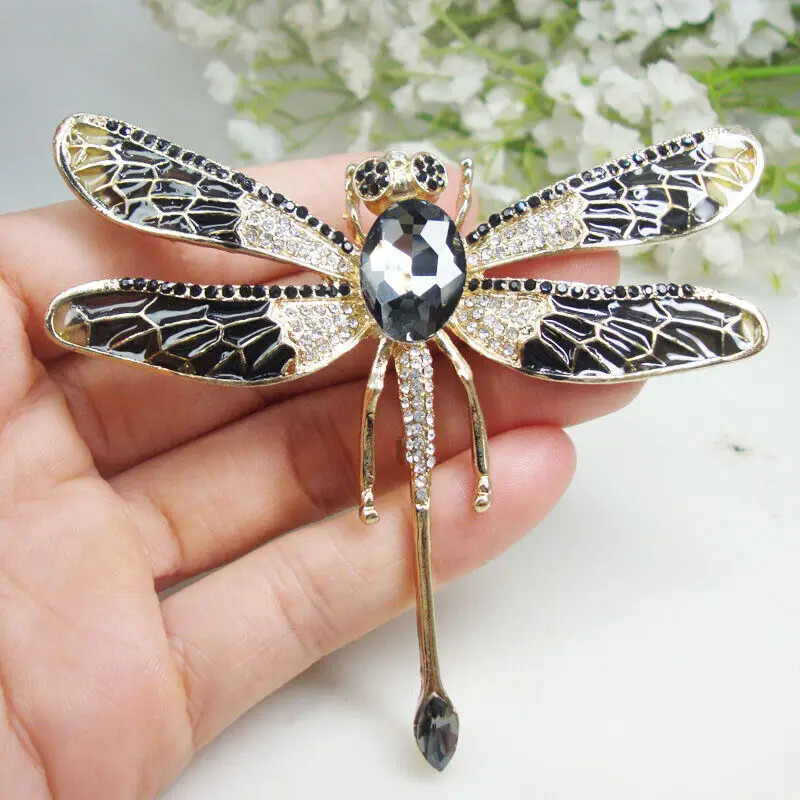 Vintage Style Black Rhinestone Crystal Dragonfly Insect Woman Brooch Pin Pendant