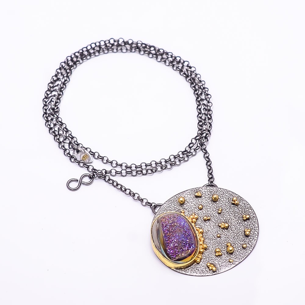 Purple Titanium Agate Drusy Black And Gold Rhodium 925 Silver Necklace 19.99″N43
