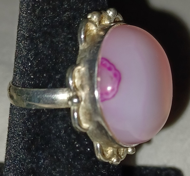 pink round stone cabochon silver ring approx size 5
