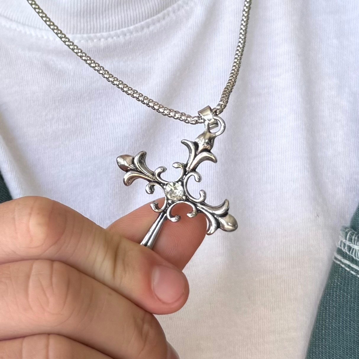 Silver Gothic Cross Pendant Necklace Unisex Stainless Steel Jewelry New