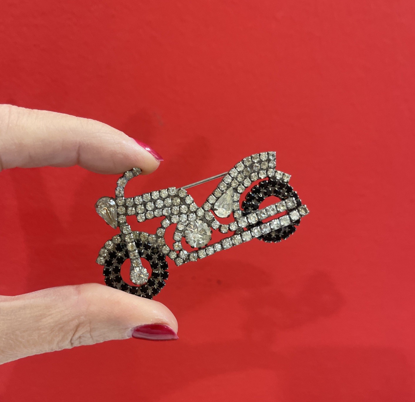 Vintage Rhinestone Motorcycle Brooch Unsigned Attributed To Dorothy Bauer