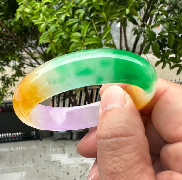 Natural Grade A Jadeite Bangle Tri-Color Green Lavender Yellow Burmese Jade 54mm