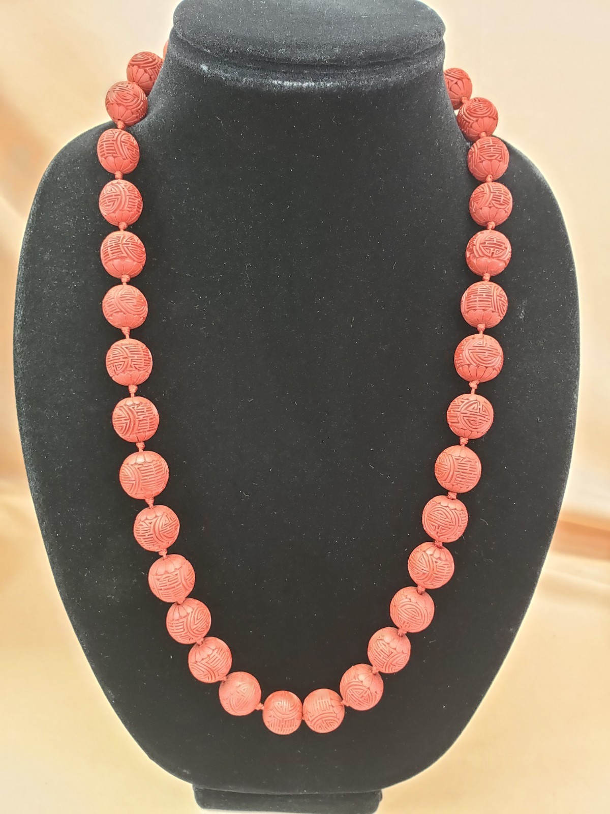 Red Carved Cinnabar Hand Knotted Bead Necklace 28″