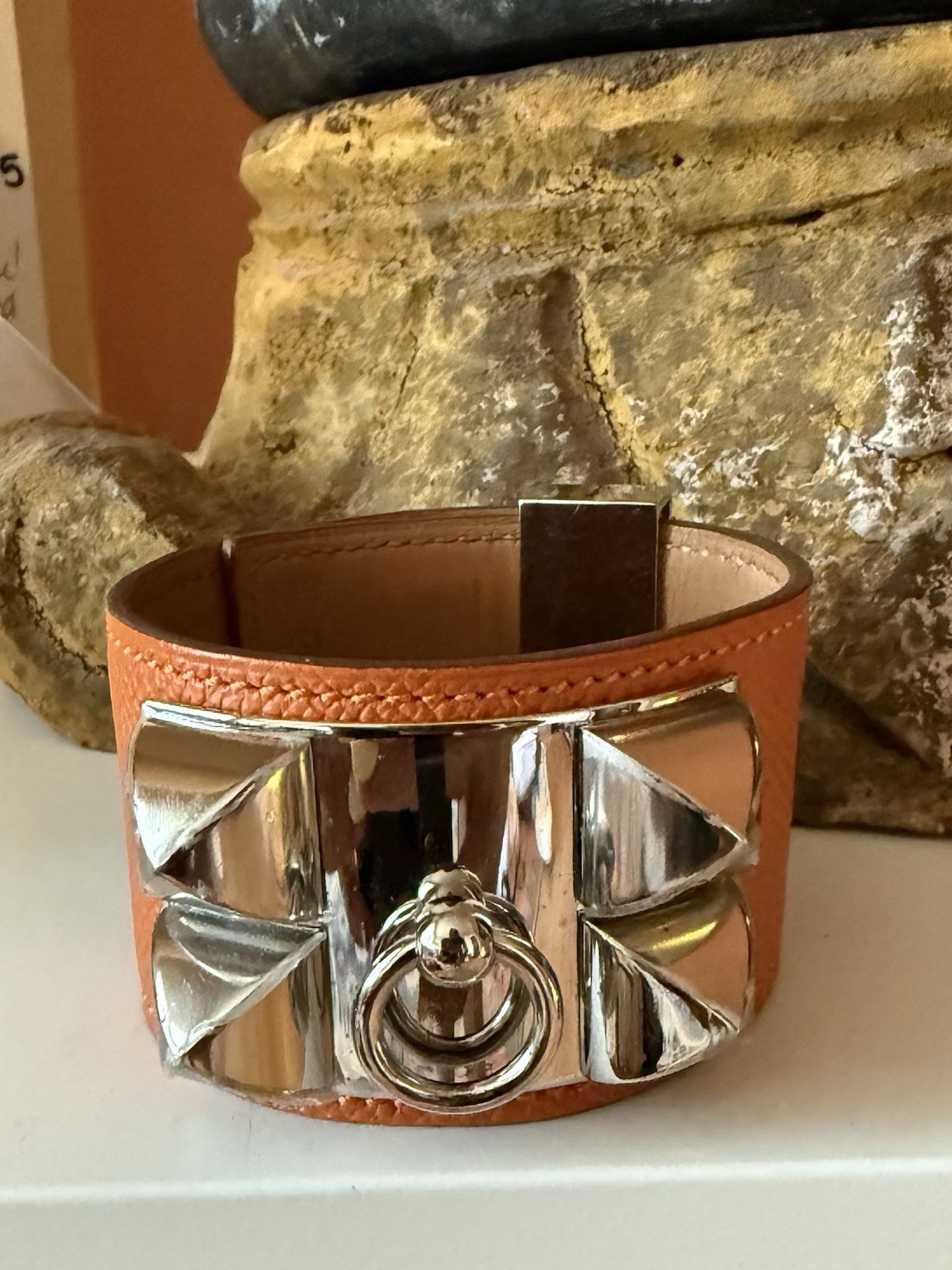 Hermès Black & Silver Leather Cuff Bracelet