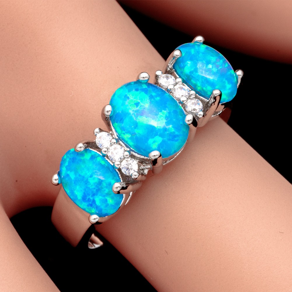 Three-Stone Ocean Blue Fire Opal Cabochon CZ Silver Jewelry Ring Size 6 7 8 9