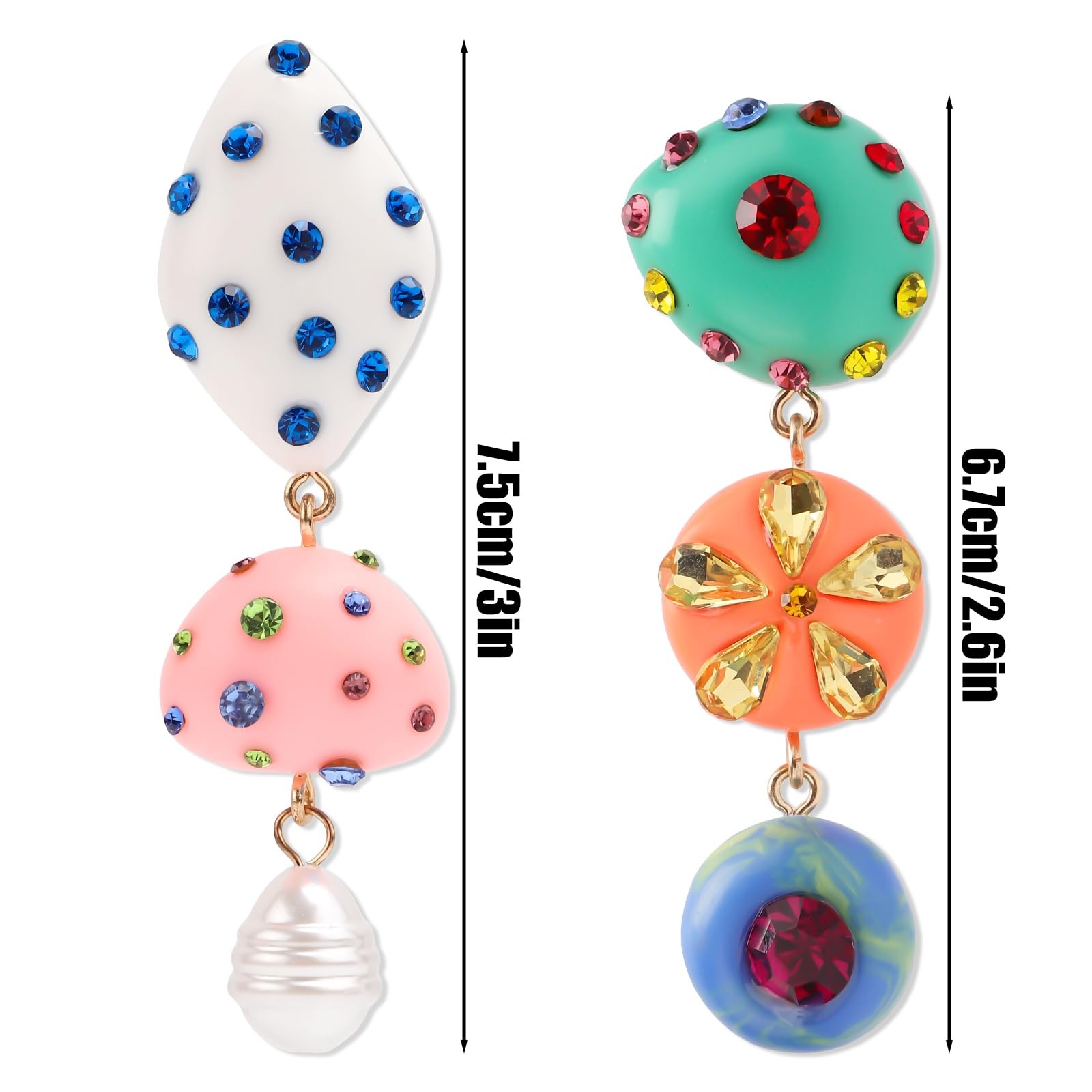 Mikovivi Asymmetrical Dangle Earrings, Multicolored, Rhinestones & Resin,