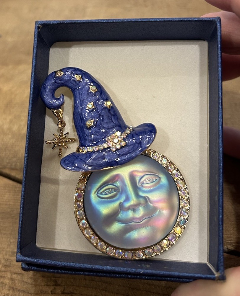 Mystical Iridescent Blue MOON FACE Brooch/Pendant w/Hat AB Crystals, Star Charm