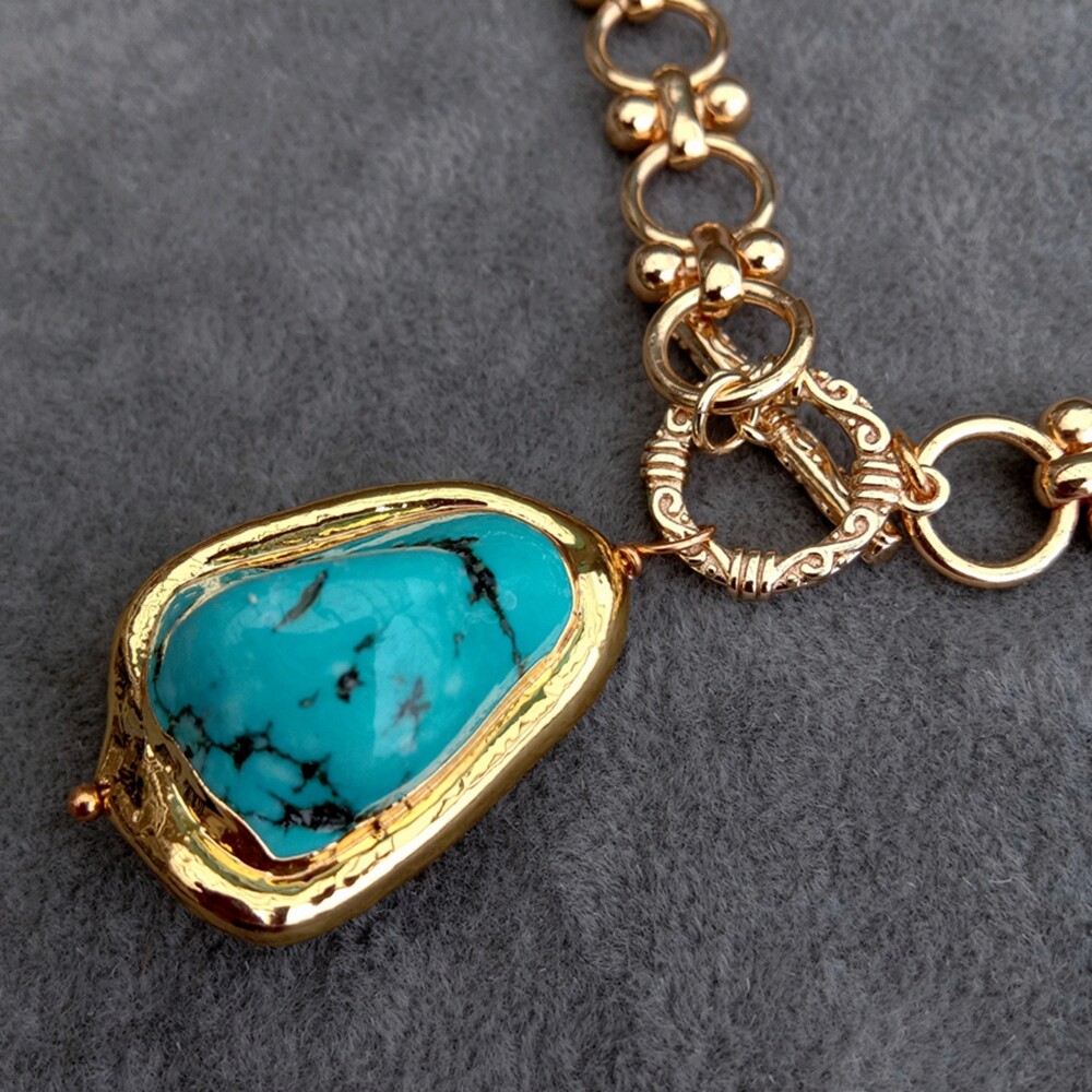 Gold Plated Chain Chokers Necklace Blue Turquoise Pendant Designer Gems Jewelry