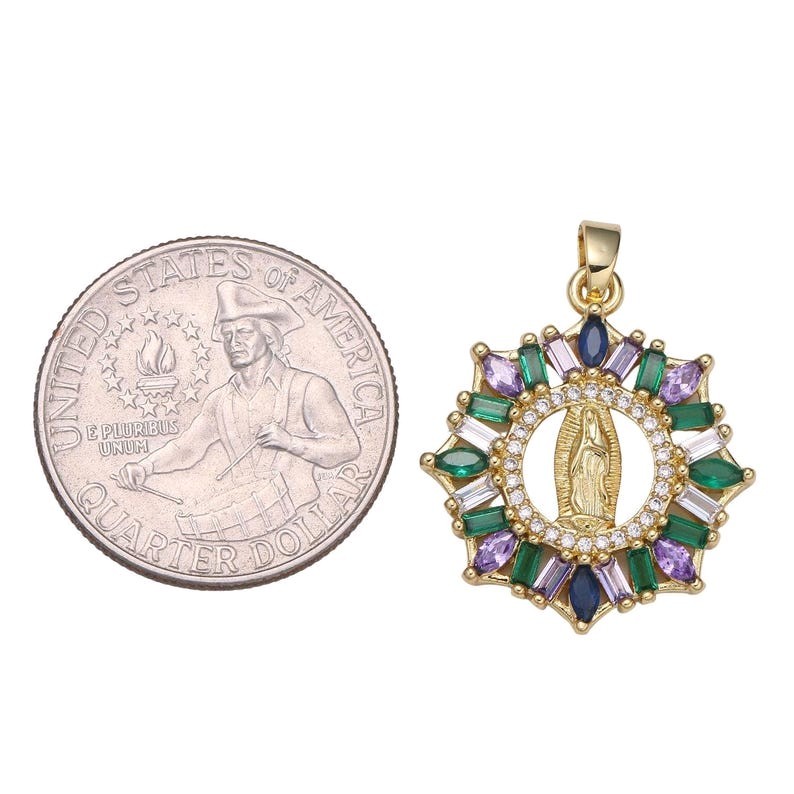 18k Gold Filled CZ Pave Virgin Mother Mary Pendant, Purple and Green Cubic Zirco