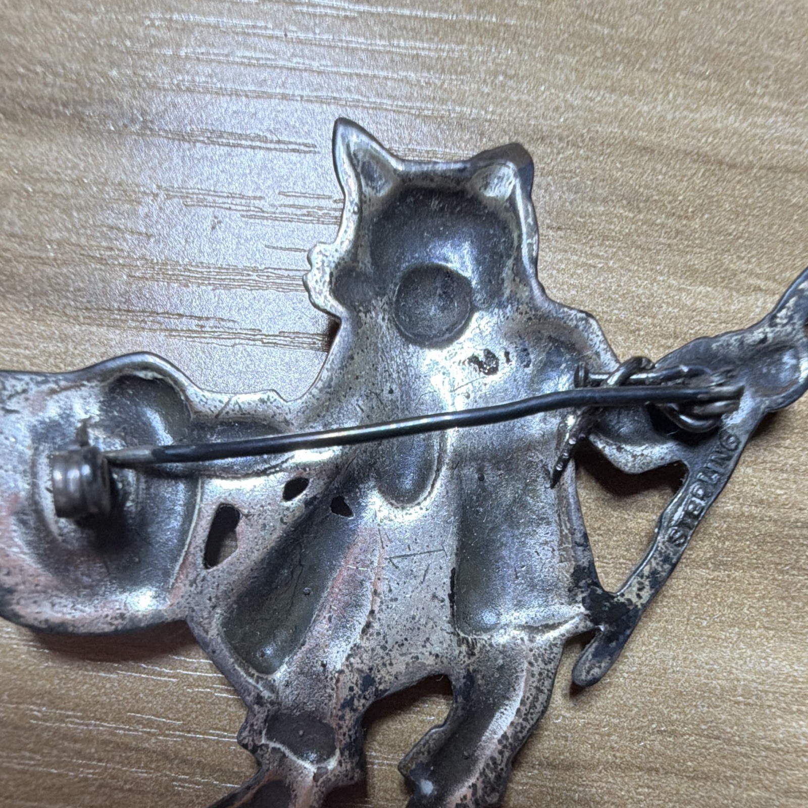 Vintage Brooch, Cat with a hat and cane, “Sterling” stamp