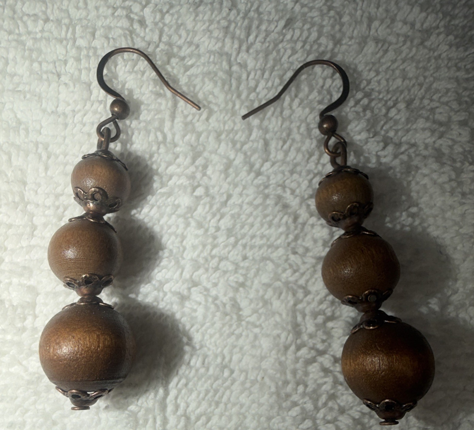 Brown Round Wood Beaded Dangle/Drop Hook Earrings Bohemian Metal No Stone