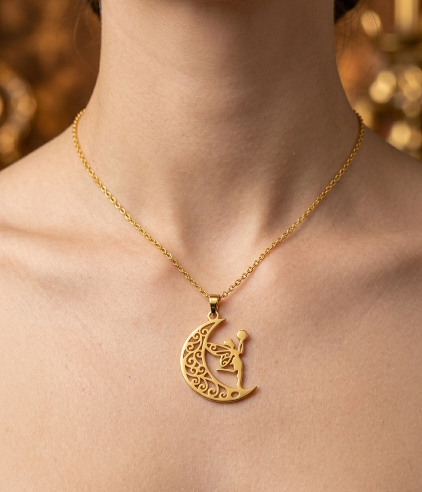 Pure Brass Gold Color Fancy Unique Moon Fairy Design Pendent Comes With Chain