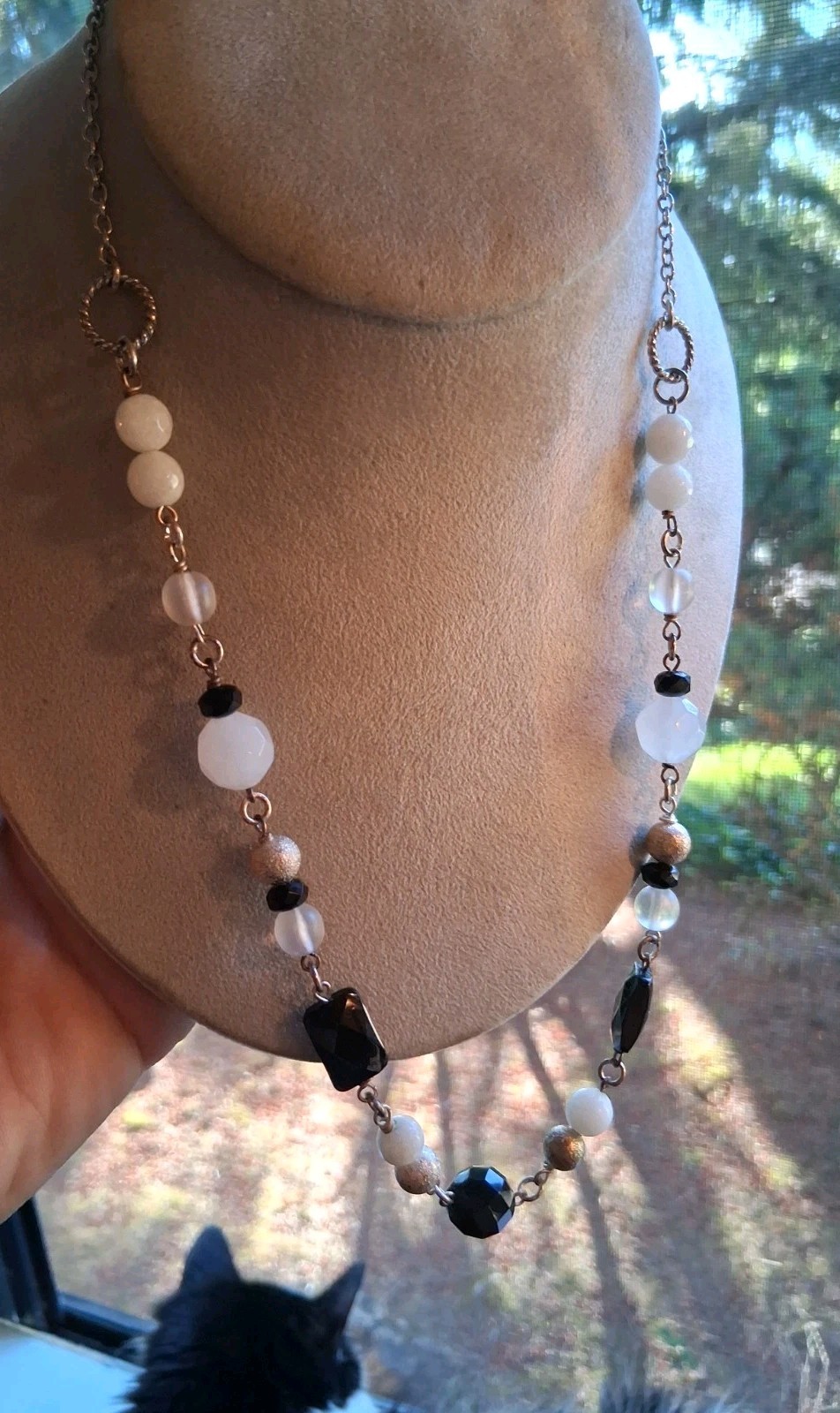 Glass And Stone Chain Beaded Necklace Black, Cream, Silver Lobster Clasp 20″