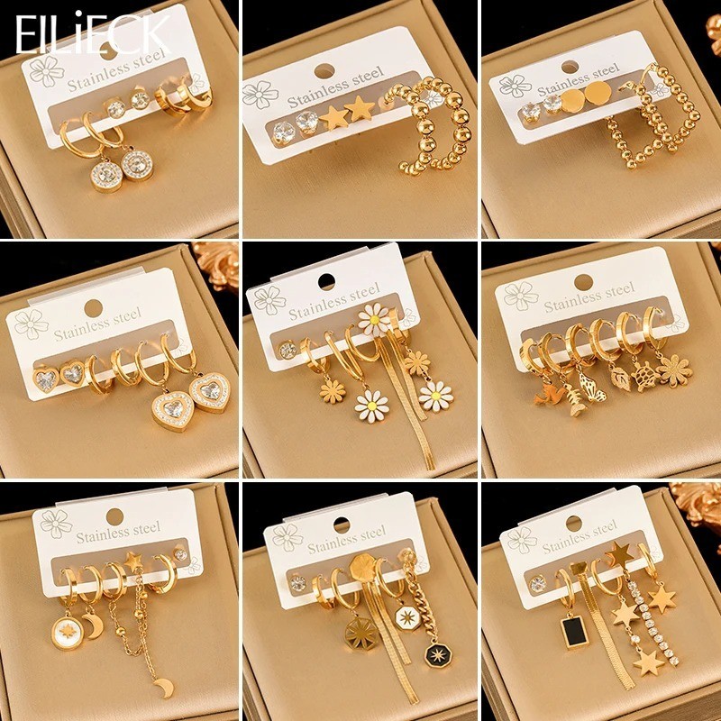 316L Stainless Steel Earrings Set Women Fashion New 18K Gold Plated Ear Waterpr