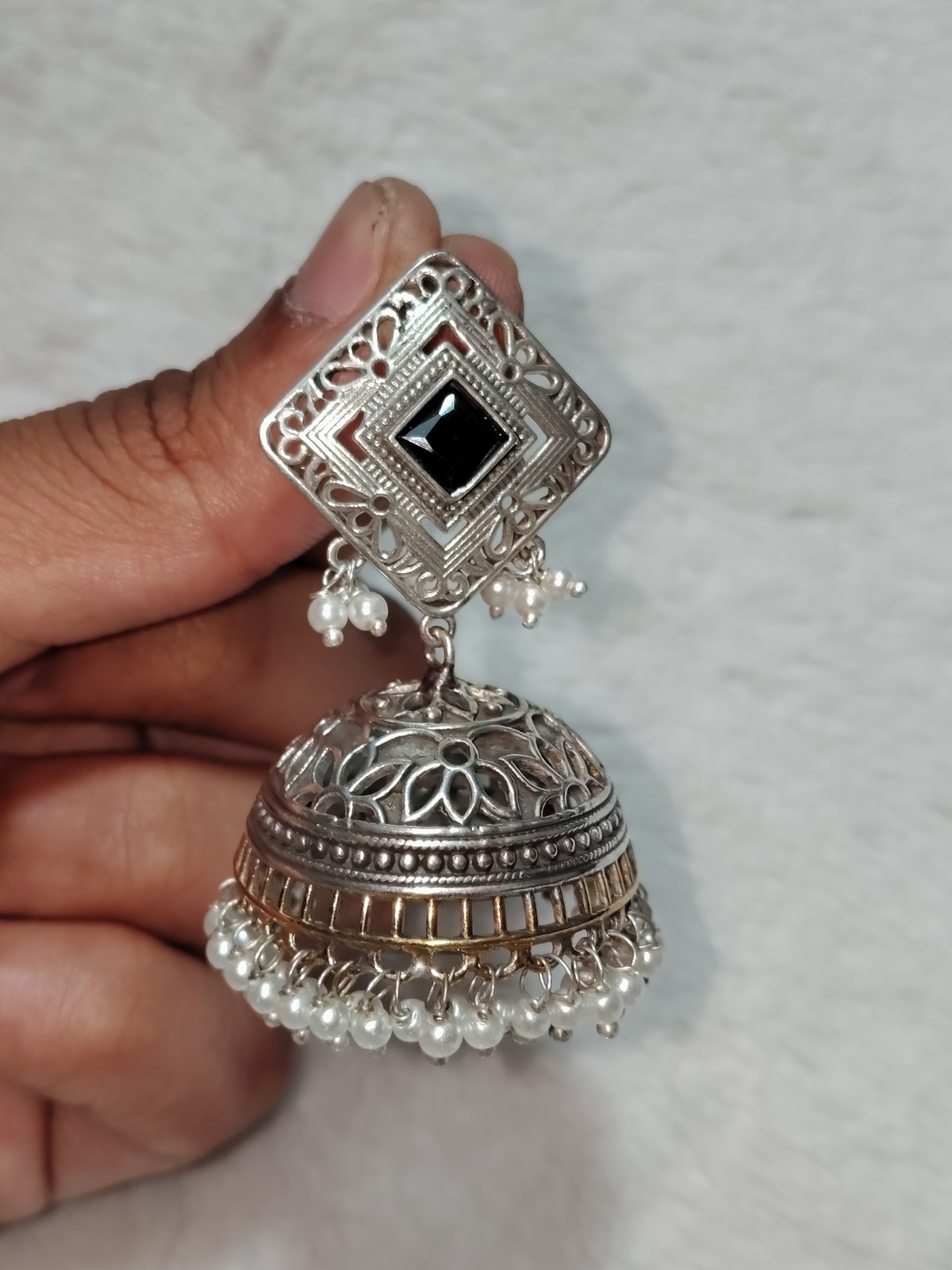 Zubi Handcrafted Silver Jhumka Earrings with Black Square Pearl Roz Jeweller.