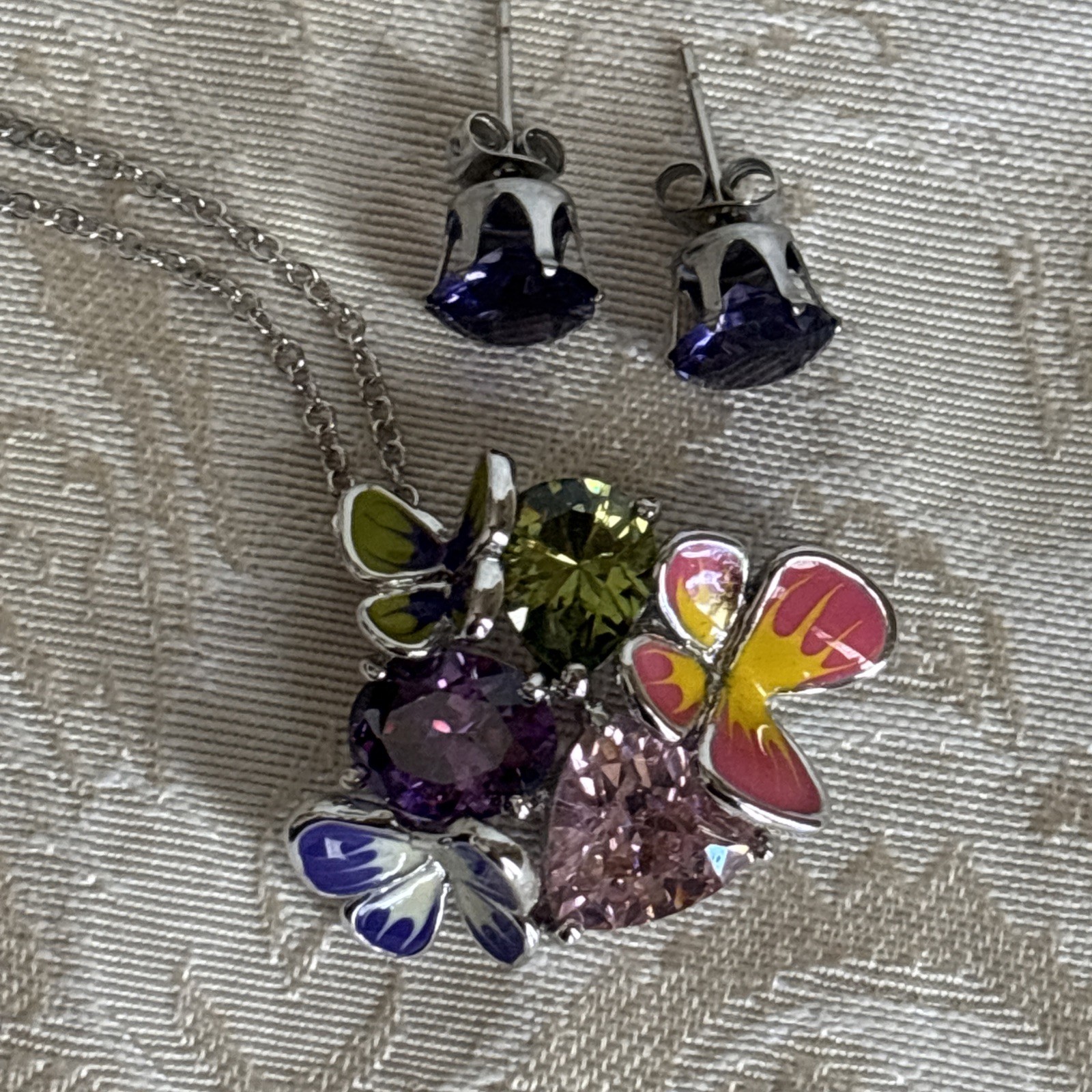 Park Lane Fairytale Pendant 16-18” Silver Tone Purple Pink Green Butterfly & Bns