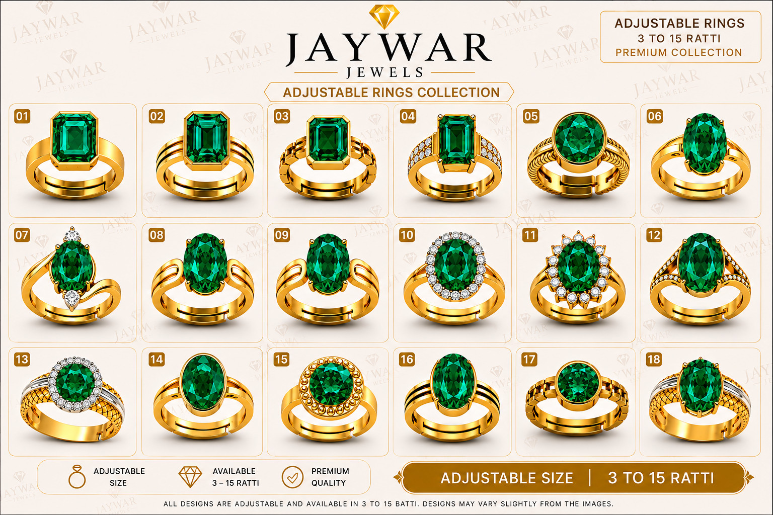 Jaywar Adjustable Emerald Ring Panchdhatu Gold Plated Unisex Men Women Gift