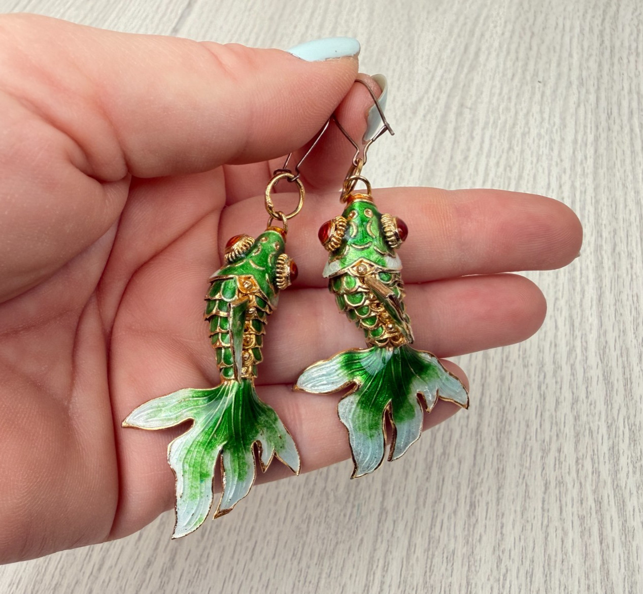 Cloisonne Guilloche Enamel Articulated Fish Green Blue Gold Red Eyes Earrings