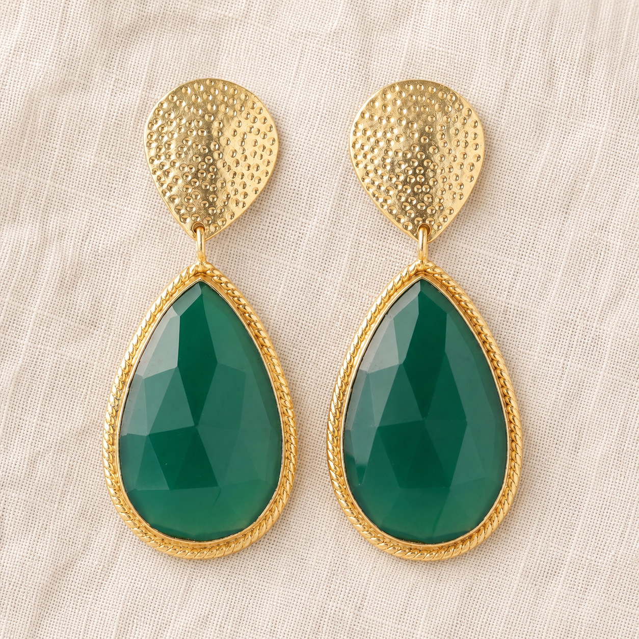 Green Onyx Dangle Drop Gold Plated Brass Earrings, Women Jewelry Gift ER-1