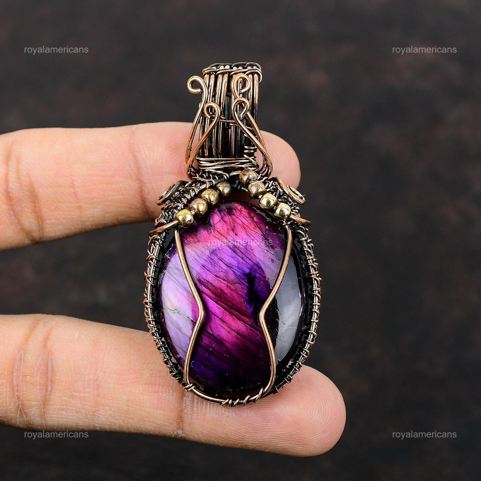 Gift For Her Pink & Purple Fire Labradorite Wire Wrapped Pendant Copper 2.56″