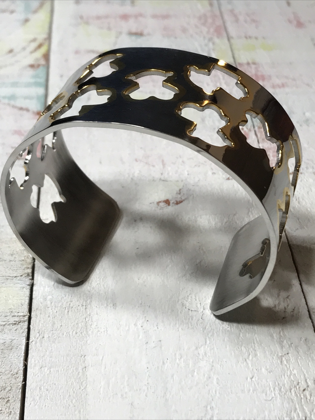 “K” Cuff Bracelet Cut Out Stainless Steel Silver -Tone Gold-Tone Teddy Bear