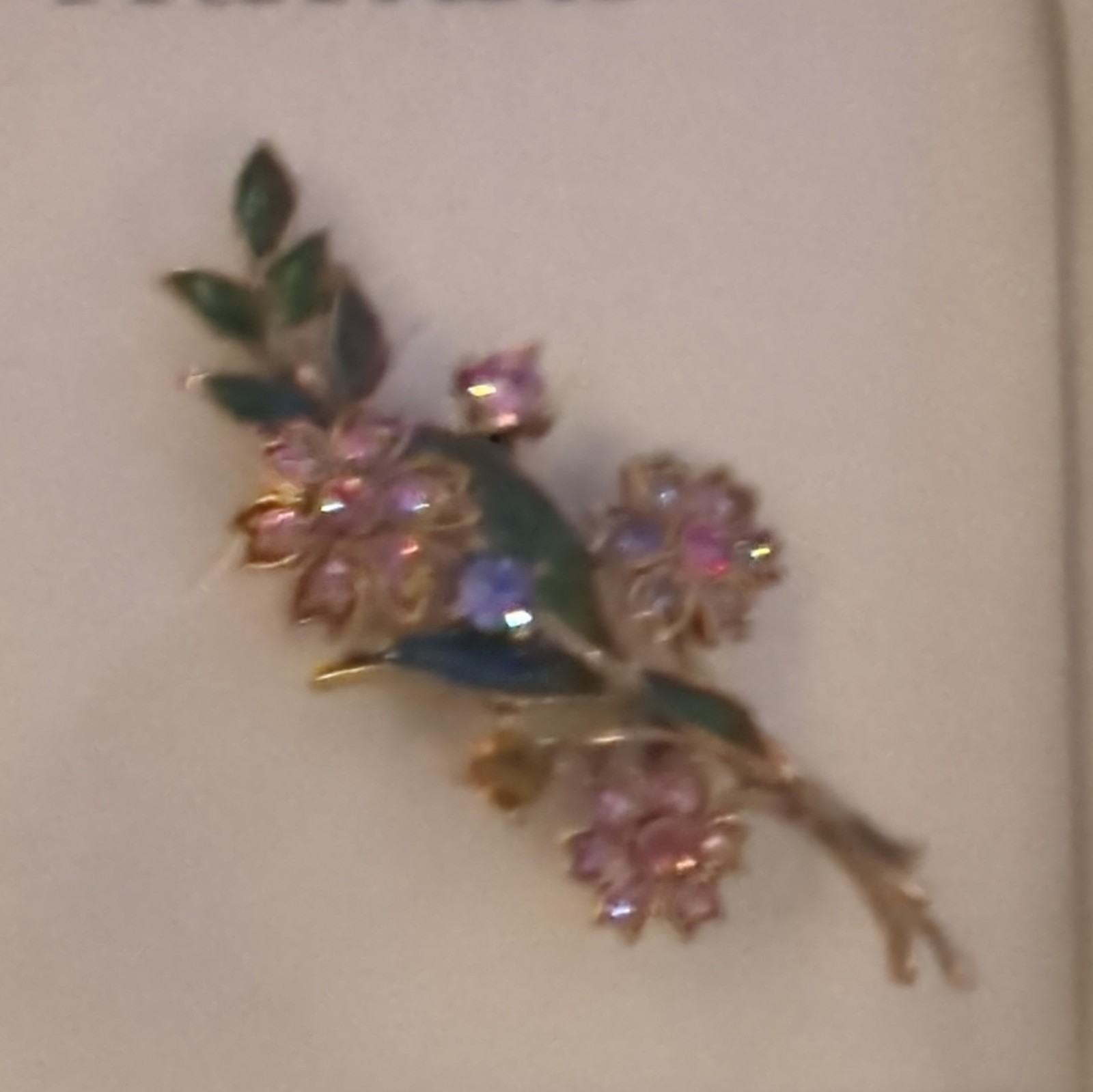 Trifari Floral Gold Tone Brooch Pin Pink Rhinestone Green Leaves Purple