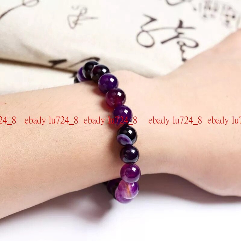 Fashion 6/8/10/12mm Purple Striped Agate Gems Round Beads Elastic Bracelet 7-9″