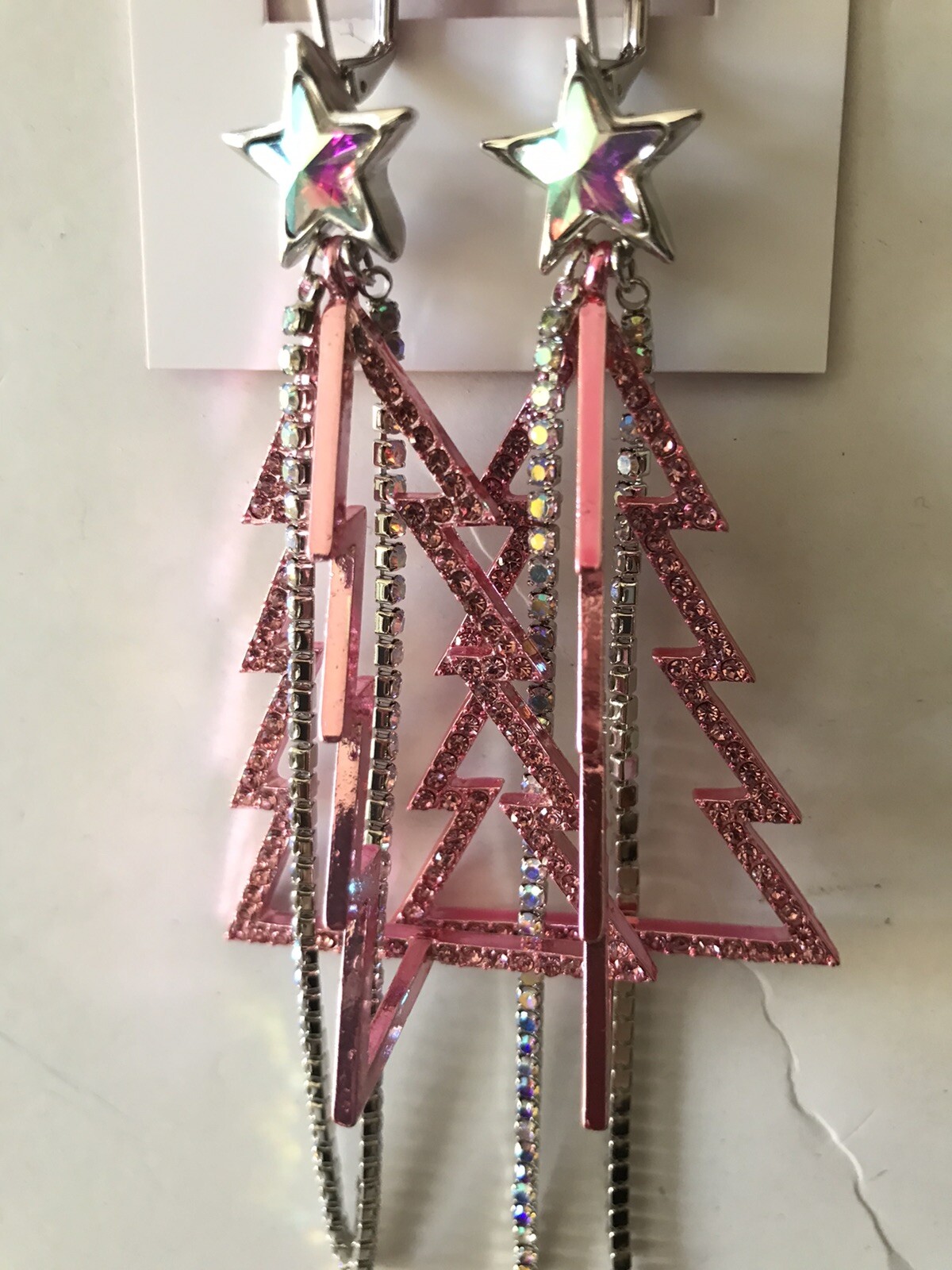 BETSEY JOHNSON PINK HOLIDAY TREE WITH RHINESTONE FRINGE DROP EARRINGS NWT