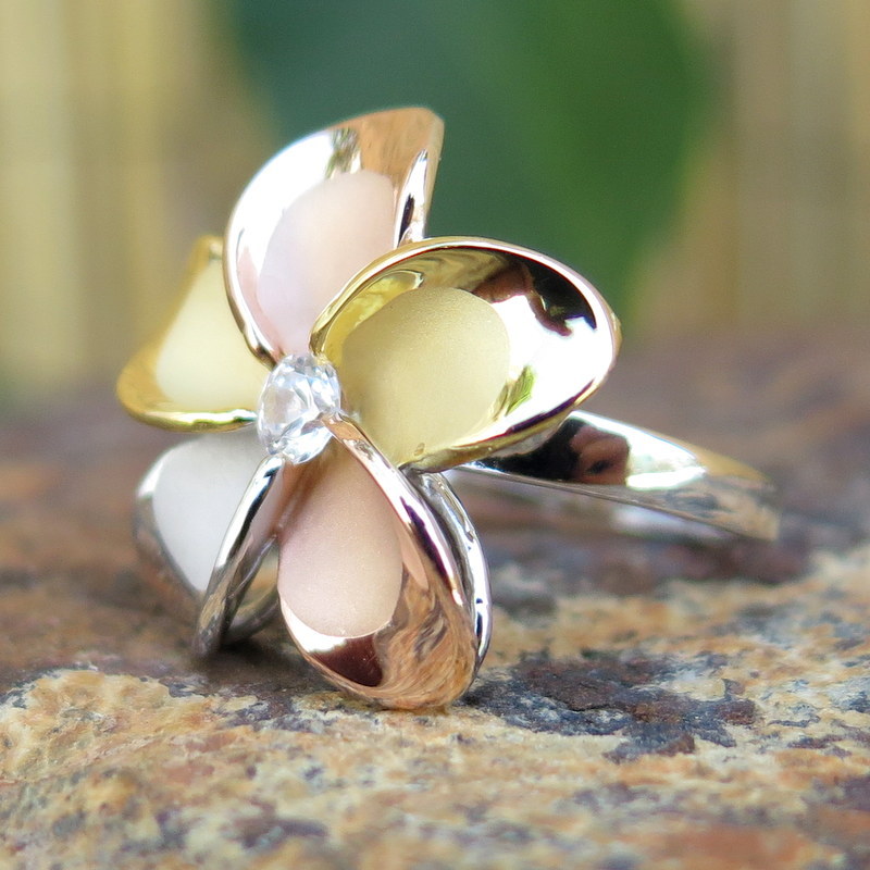 925 Silver Tri-color Gold Plumeria Flower CZ Wedding Ring Band 22mm #SR6268