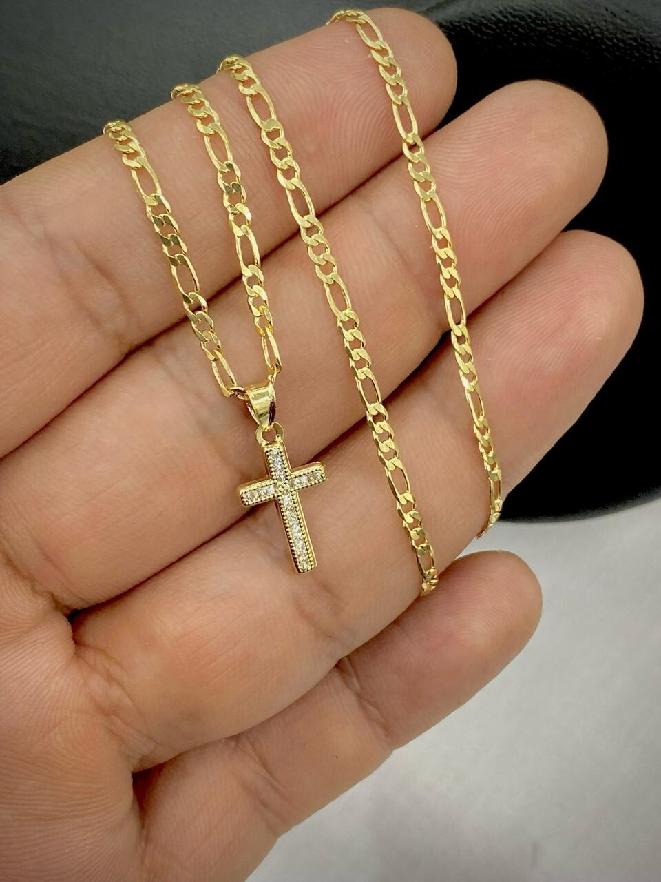 14K Gold Filled Tiny CZ Cross Pendant Necklace Womens 17x10mm Figaro Crucifix